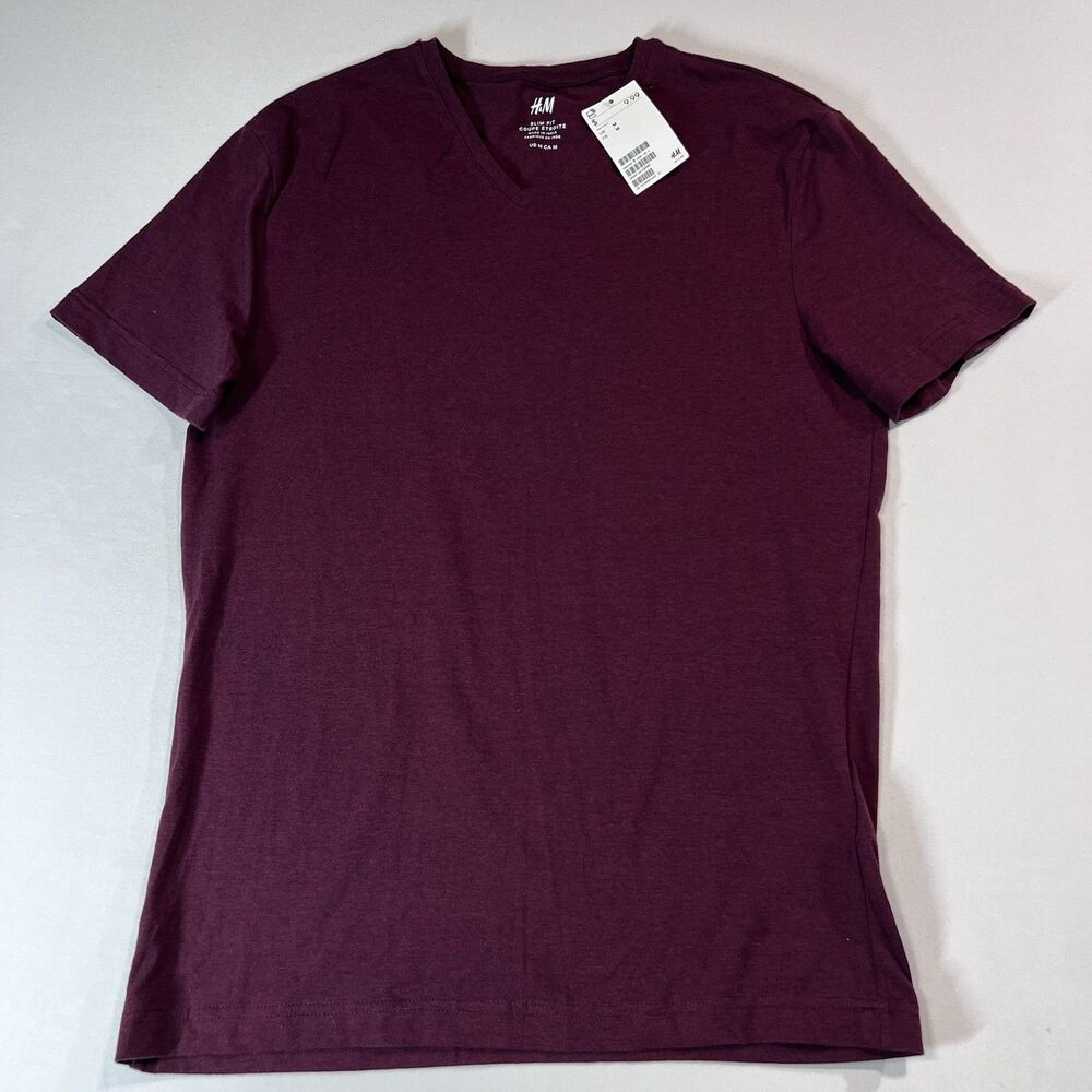 H&M Men’s Slim Fit V-Neck T-Shirt Burgundy Maroon Cotton Blend Size M NWT